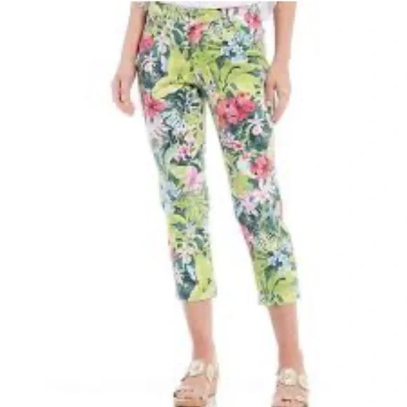 Tommy Bahama Ella Twill Pink Green Tropical High Rise Crop Pants Sz 12 - Picture 2 of 15